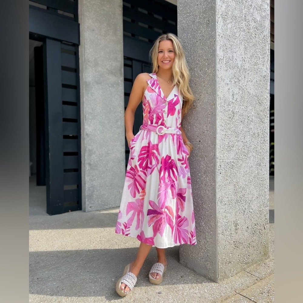 Fate Linen Pink Floral Sleeveless Belted Halter Neck Midi Dress